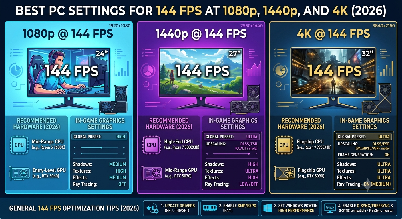 Best PC Settings for 144 FPS at 1080p, 1440p, and 4K (2026)